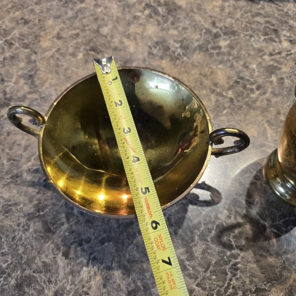 Vintage Hampton Brass 2-Piece Set Vase & Compote Bowl India Ornate Handles Decor